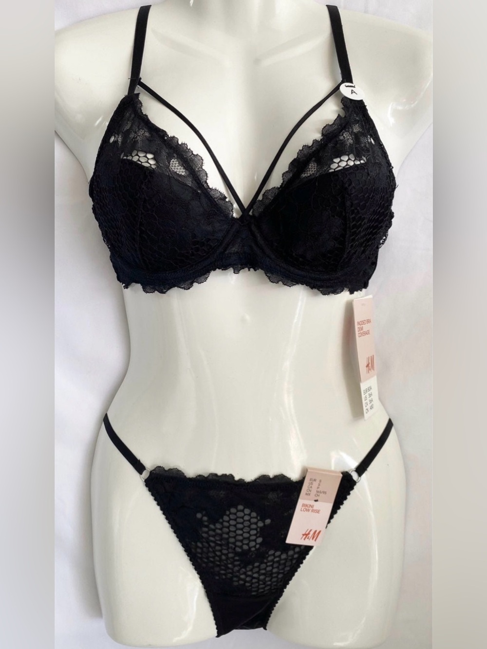 H&M Black Lace Strappy Underwire Bra & Thong Set